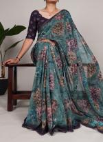 Georgette Aqua Blue Casual Wear Printed Saree